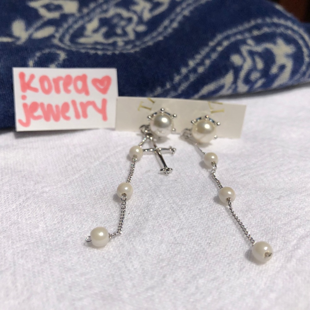 Dangly Pearl & Cross Earrings